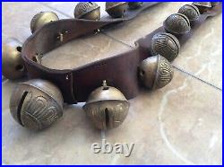 Antique 27 Graduated Petal Design Brass Sleigh Bells 8' Leather Strap