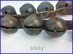 Antique 29 Numbered Brass Sleigh Bells On Original Leather Strap 86 long
