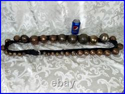Antique 32 Horse Sleigh Bells Leather strap Brass Heavy Some Numbered Nice Sound
