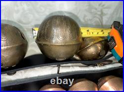Antique 32 Horse Sleigh Bells Leather strap Brass Heavy Some Numbered Nice Sound