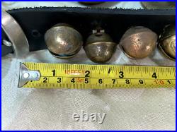 Antique 32 Horse Sleigh Bells Leather strap Brass Heavy Some Numbered Nice Sound