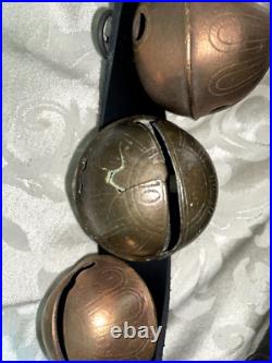 Antique 32 Horse Sleigh Bells Leather strap Brass Heavy Some Numbered Nice Sound