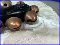 Antique 32 Horse Sleigh Bells Leather strap Brass Heavy Some Numbered Nice Sound