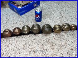 Antique 32 Horse Sleigh Bells Leather strap Brass Heavy Some Numbered Nice Sound
