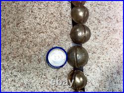 Antique 32 Horse Sleigh Bells Leather strap Brass Heavy Some Numbered Nice Sound