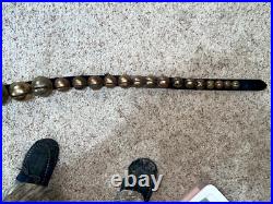 Antique 32 Horse Sleigh Bells Leather strap Brass Heavy Some Numbered Nice Sound