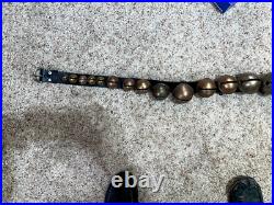 Antique 32 Horse Sleigh Bells Leather strap Brass Heavy Some Numbered Nice Sound