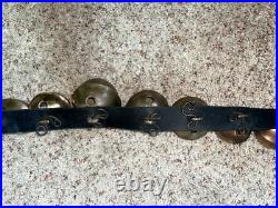 Antique 32 Horse Sleigh Bells Leather strap Brass Heavy Some Numbered Nice Sound