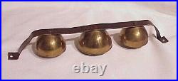 Antique (3) Large Brass Horse Drawn Sleigh Bells On Hand Wrought Bracket