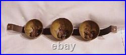 Antique (3) Large Brass Horse Drawn Sleigh Bells On Hand Wrought Bracket