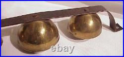 Antique (3) Large Brass Horse Drawn Sleigh Bells On Hand Wrought Bracket