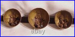 Antique (3) Large Brass Horse Drawn Sleigh Bells On Hand Wrought Bracket