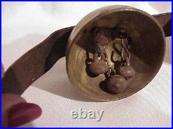 Antique (3) Large Brass Horse Drawn Sleigh Bells On Hand Wrought Bracket