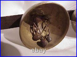 Antique (3) Large Brass Horse Drawn Sleigh Bells On Hand Wrought Bracket