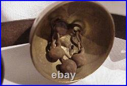 Antique (3) Large Brass Horse Drawn Sleigh Bells On Hand Wrought Bracket