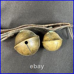 Antique 4 Brass Animal Sleigh Bells withLeather Strap Hanger 18.5 Long Christmas