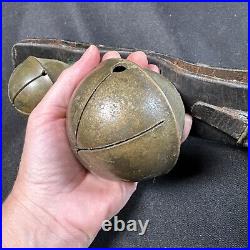 Antique 4 Brass Animal Sleigh Bells withLeather Strap Hanger 18.5 Long Christmas
