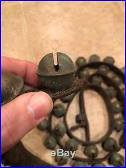 Antique 52 sleigh bells brass horse on leather strap Christmas 6