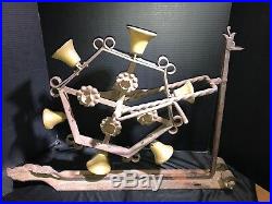 Antique 6 BRASS Door Dinner Bells Crank Handle Wrought Iron Frame 28 X 19 HUGE
