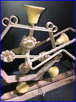 Antique 6 BRASS Door Dinner Bells Crank Handle Wrought Iron Frame 28 X 19 HUGE
