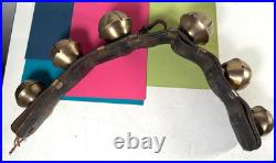 Antique 6 Swedish Sleigh Bells Horse Rump Leather Strap Petal Brass Xmas Jingle