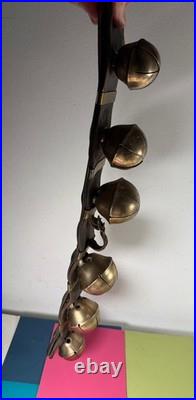 Antique 6 Swedish Sleigh Bells Horse Rump Leather Strap Petal Brass Xmas Jingle