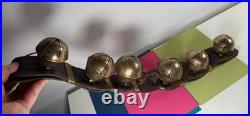 Antique 6 Swedish Sleigh Bells Horse Rump Leather Strap Petal Brass Xmas Jingle