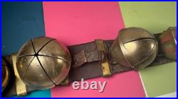 Antique 6 Swedish Sleigh Bells Horse Rump Leather Strap Petal Brass Xmas Jingle