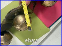 Antique 6 Swedish Sleigh Bells Horse Rump Leather Strap Petal Brass Xmas Jingle