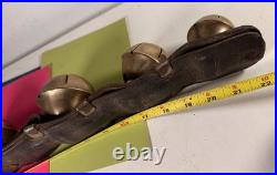 Antique 6 Swedish Sleigh Bells Horse Rump Leather Strap Petal Brass Xmas Jingle