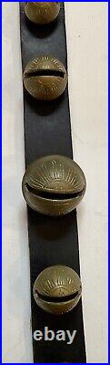 Antique 71 Inch Graduated Size Sleiigh Bells 15 Petal Bells Leather Brass