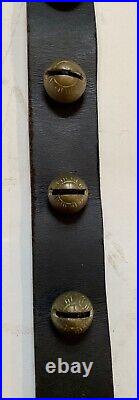 Antique 71 Inch Graduated Size Sleiigh Bells 15 Petal Bells Leather Brass