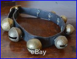 Antique 8 Brass Sleigh Bells Leather Collar Graduated Numbered vintage dog strap