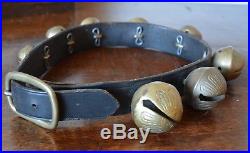 Antique 8 Brass Sleigh Bells Leather Collar Graduated Numbered vintage dog strap