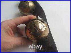 Antique (9) Brass Sleigh Bells on Leather Strap with Bell, S 10 & 6 (50)