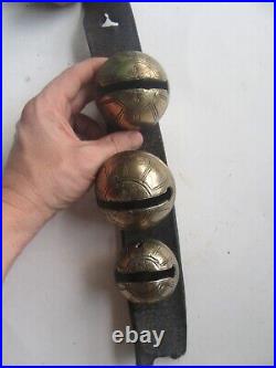 Antique (9) Brass Sleigh Bells on Leather Strap with Bell, S 10 & 6 (50)