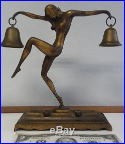 Antique ART DECO Era NUDE DANCING LADY & bells Figural BRONZE Sculpture statue