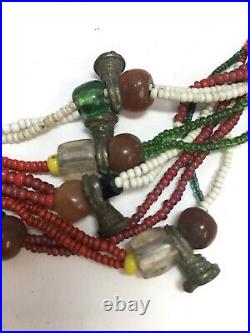 Antique African Trade Beads, Glass, Brass, Amber, Bells, Necklace 26