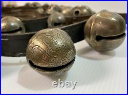 Antique Amish Brass Sleigh Bells on Leather Harness Strap 100 30 Bells