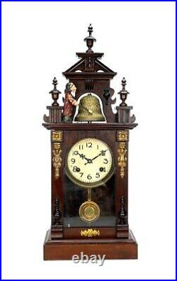 Antique Animated Monk Striking Bell 3 Finial Crest Brass Decorated Mantel Clock