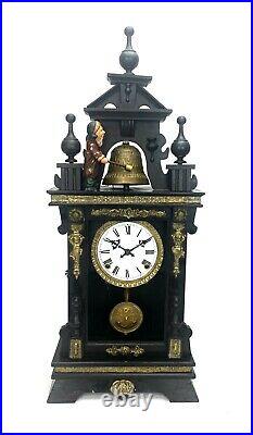 Antique Animated Monk Striking Bell Porcelain Dial Brass Decorated Mantel Clock