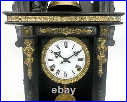 Antique Animated Monk Striking Bell Porcelain Dial Brass Decorated Mantel Clock