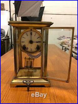 Antique Ansonia crystal regulator brass mantle clock KEEPS TIME AND STRIKES BELL