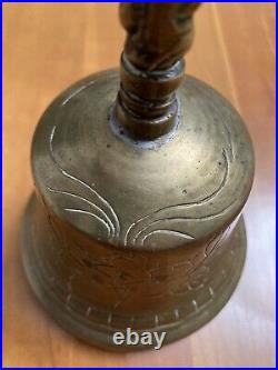 Antique Asian (China Or Nepal) Hand Etched Brass Hand Bell With Dragon Handle