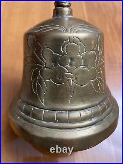 Antique Asian (China Or Nepal) Hand Etched Brass Hand Bell With Dragon Handle