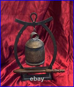 Antique Asian Chinese Gong Bell, With Stand And Striker, Brass Or Bronze