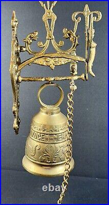 Antique BRASS / BRONZE MONASTERY Wall Mount Ornate BELL LATIN INSCRIPTION ANGELS