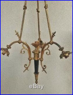 Antique Belle Epoche French Dore Bronze & Enamel Empire Chandelier For Refurbish