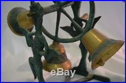 Antique Brass 6 Bell Hand Crank Rotating Wheel Angel Door Chime Dinner Call Vtg