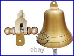 Antique Brass 9 Inch Large Ship's Wall & Hanging Bell Brass Bracket & Lanyard DD